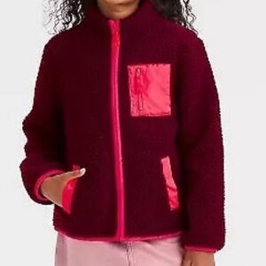 New! Girls Faux Shearling Zip-Up Sweatshirt Jacket, Burgundy -‎ Cat & Jack Large